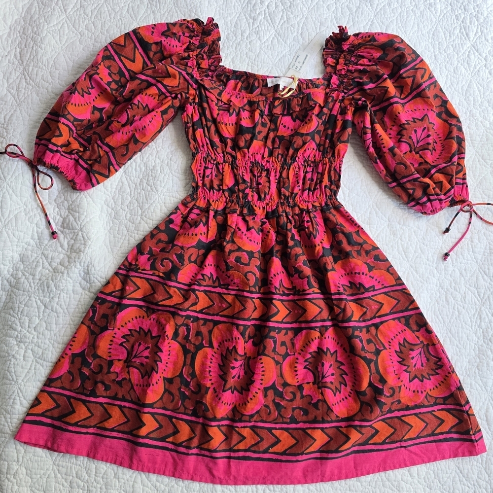 House Of Harlow 1960 Shania Fuschia Pink Puff Sleeve Milkmaid Mini Dress Boho